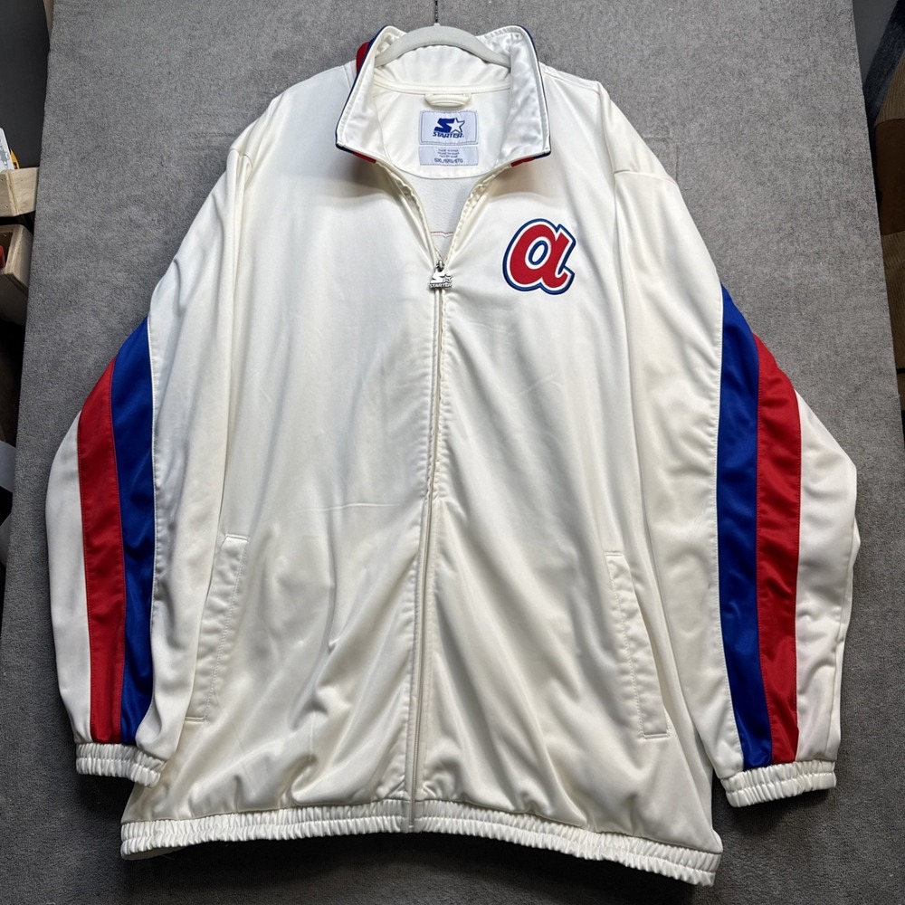 Atlanta Braves Starter Jacket White Red Blue Striped Satin Embroidered 5XL